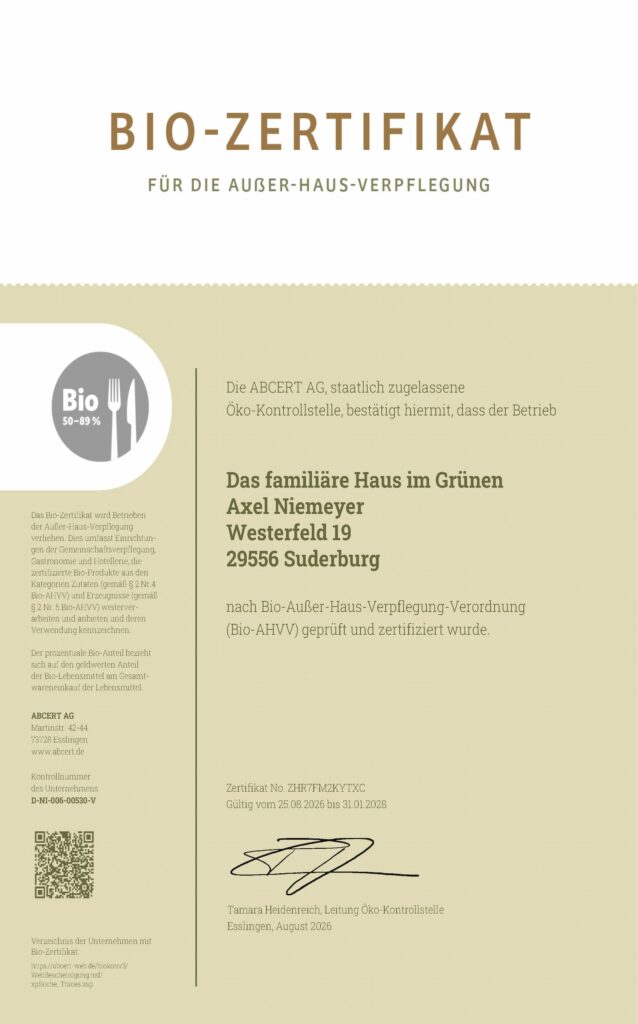 Bio-AHVV-Silber-Zertifikat für das familiäre Haus im Grünen in Hösseringen